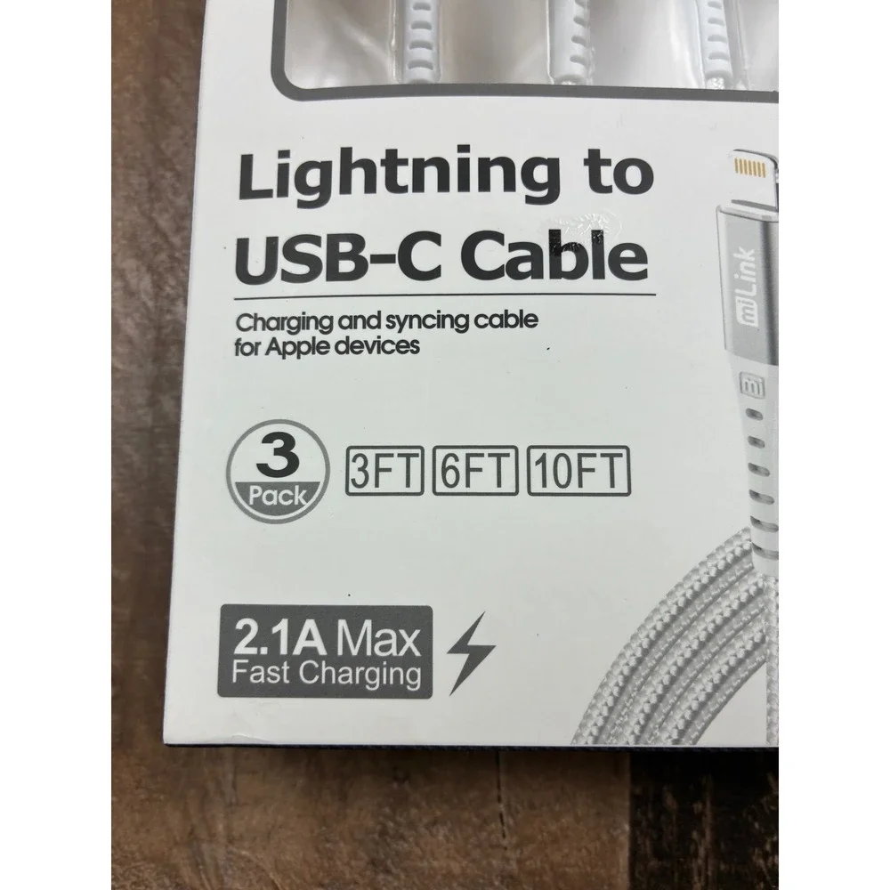 miLink Lightning to USB-C Cable 3Pack Braided Nylon 3ft 6ft 10ft Silver LTC3-113